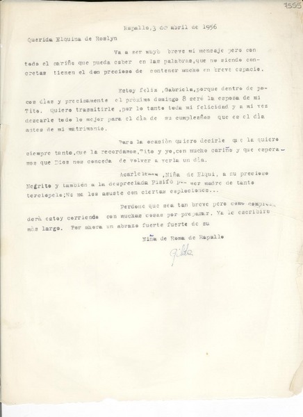 [Carta] 1956 abr. 3, Rapallo, [Italia] [a] Gabriela Mistral