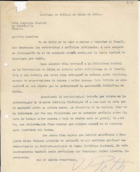 [Carta] 1944 jul. 1, Santiago, [Chile] [a] Gabriela Mistral, Petrópolis, Brasil