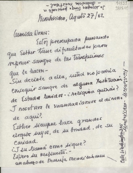 [Carta] 1962 ago. 27, Montevideo, [Uruguay] [a] Querida Doris