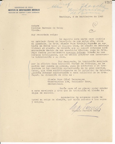 [Carta] 1949 sept. 2, Santiago [a] Isolina Barraza de Estay, Vicuña