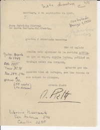 [Carta] 1949 sept. 6, Santiago, [Chile] [a] Gabriela Mistral, Santa Bárbara, California, [Estados Unidos]