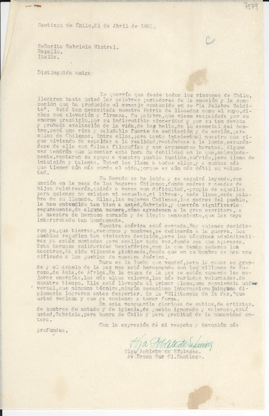 [Carta] 1951 abr. 21, Santiago, Chile [a] Gabriela Mistral, Rapallo, Italia