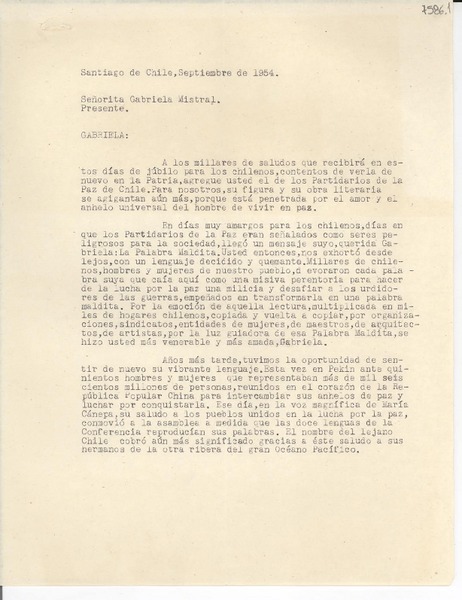 [Carta] 1954 sept., Santiago de Chile [a] Gabriela Mistral