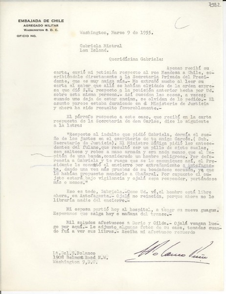 [Carta] 1955 mar. 9, Washington [a] Gabriela Mistral, Long Island