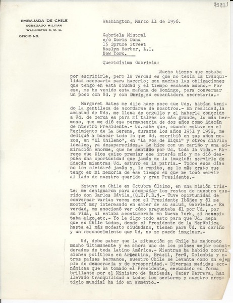 [Carta] 1956 mar. 11, Washington [a] Gabriela Mistral, Roslyn Harbor, New York