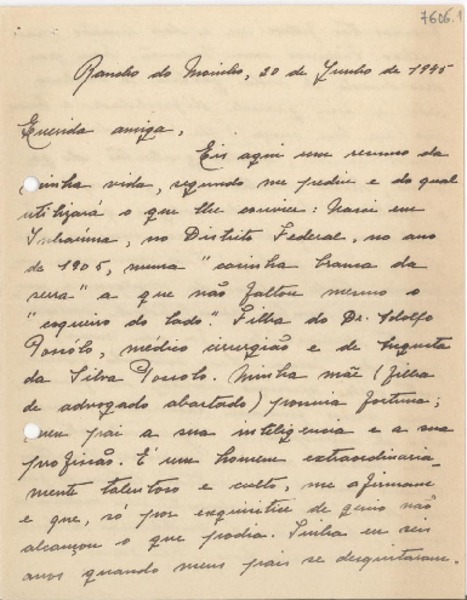 [Carta] 1945 junho. 20, Rancho do Morinho, [Brasil] [a] Gabriela Mistral
