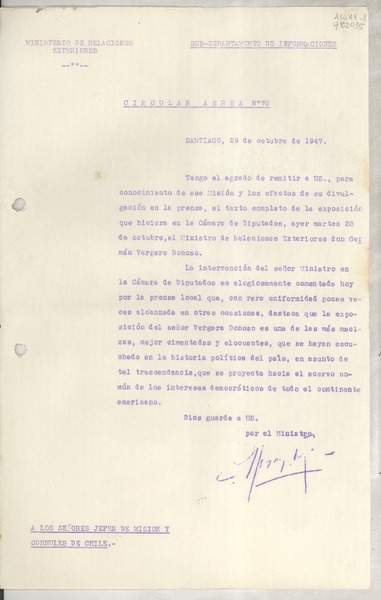Circular N° 70, 1947 oct. 29, Santiago, [Chile] [a los] Señores Jefes de Misión y Cónsules de Chile