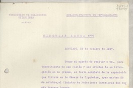 Circular N° 70, 1947 oct. 29, Santiago, [Chile] [a los] Señores Jefes de Misión y Cónsules de Chile