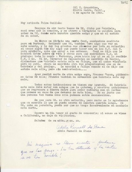 [Carta] 1949 ago. 4, Sierra Madre, California [a] Palma Guillén