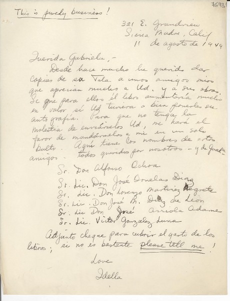[Carta] 1949 ago. 11, Sierra Madre, California [a] Gabriela Mistral