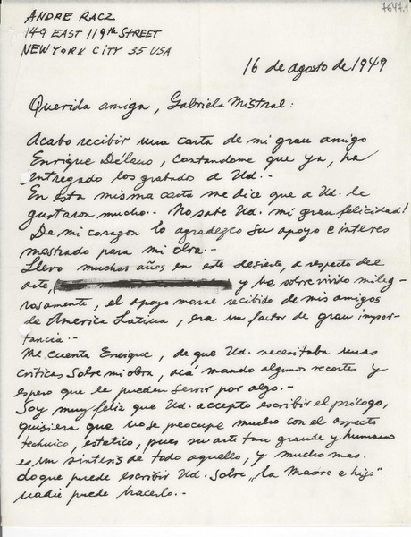 [Carta] 1949 ago. 16, New York, USA [a] Gabriela Mistral
