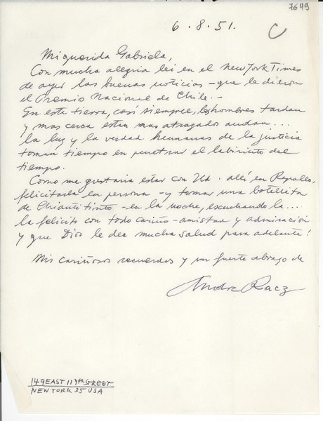[Carta] 1951 ago. 6, New York, USA [a] Gabriela Mistral