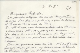 [Carta] 1951 ago. 6, New York, USA [a] Gabriela Mistral