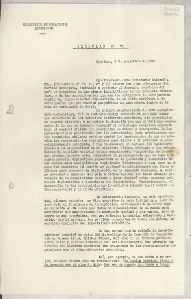 Circular N° 71, 1947 nov. 7, Santiago, [Chile] [a los] Señores Jefes de Misión y Cónsules de Chile