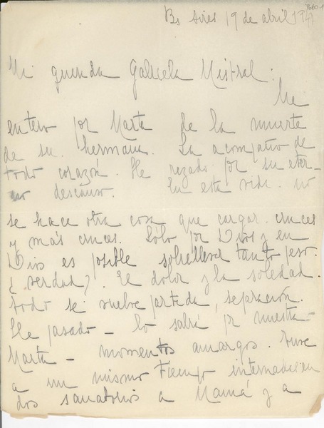 [Carta] 1947 abr. 19, Buenos Aires, [Argentina] [a] Gabriela Mistral