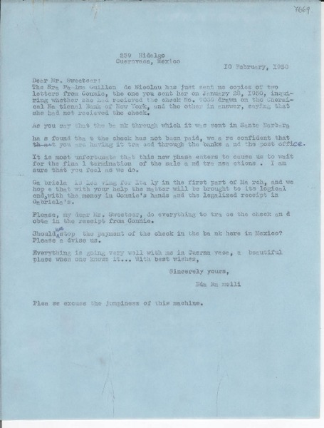 [Carta] 1950 Feb. 10, Cuernavaca, México [al] Dear Mr. Sweetser