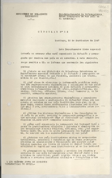 Circular N° 52, 1947 sept. 22, Santiago [a] los señores jefes de misiones diplomaticas de Chile