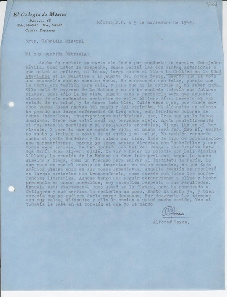 [Carta] 1942 nov. 5, México D.F. [a] Gabriela Mistral