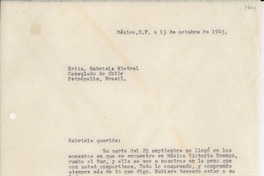 [Carta] 1943 oct. 13, México D.F. [a] Gabriela Mistral, Petrópolis, Brasil