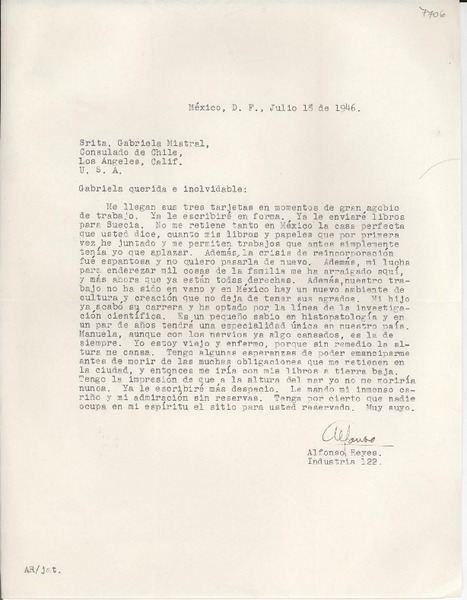 [Carta] 1946 jul. 18, México D.F. [a] Gabriela Mistral, Consulado de Chile, Los Angeles, Calif., [EE.UU.]