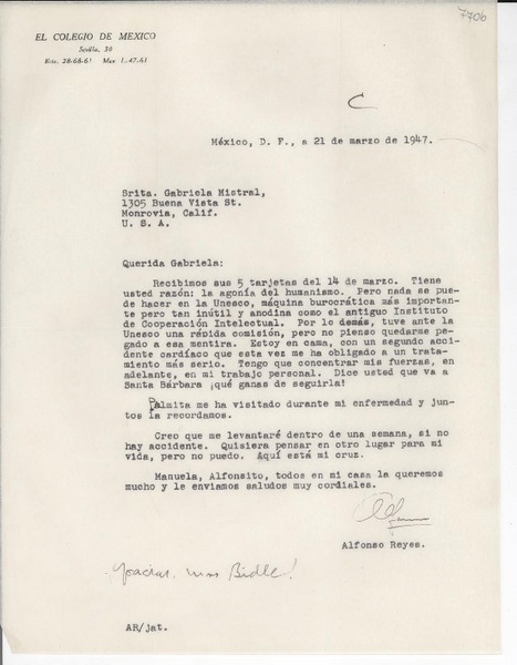 [Carta] 1947 mar. 21, México D.F. [a] Gabriela Mistral, Monrovia, Calif., [EE.UU.]
