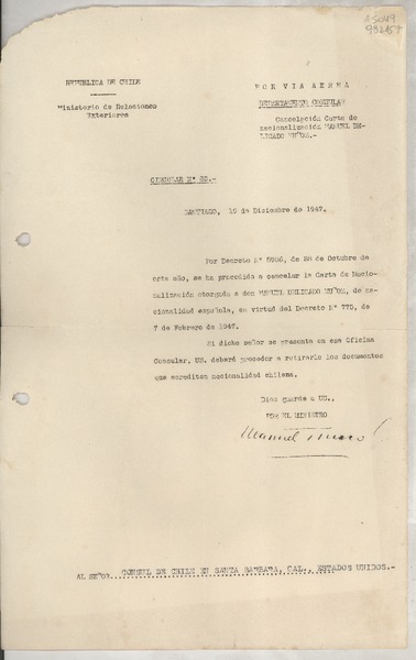 Circular N° 83, 1947 dic. 19, Santiago, [Chile] [al] Señor Cónsul de Chile en Santa Barbara, Cal., Estados Unidos