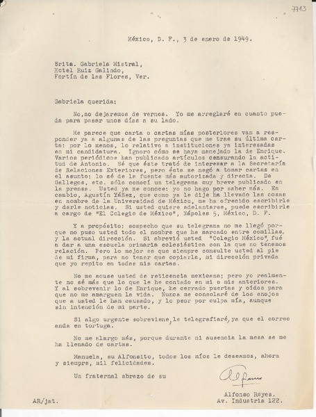 [Carta] 1949 ene. 3, México D.F. [a] Gabriela Mistral, Veracruz, [México]