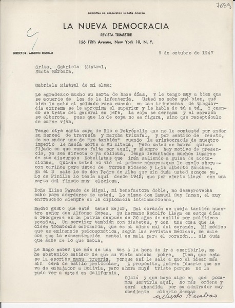 [Carta] 1947 oct. 9, [New York] [a] Gabriela Mistral, Santa Bárbara