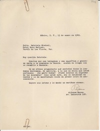[Carta] 1949 ene. 15, México D.F. [a] Gabriela Mistral, Hotel Luis Galindo, Fortín de las Flores, Ver., [México]