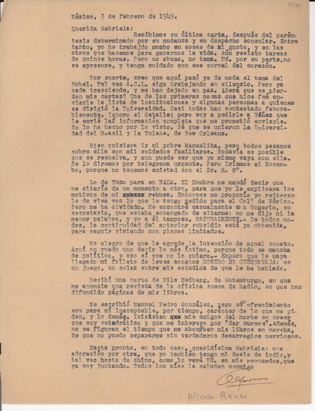 [Carta] 1949 feb. 3, México [a] Gabriela [Mistral]