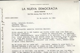 [Carta] 1950 ago. 14, [New York] [a] Gabriela Mistral, Veracruz, México