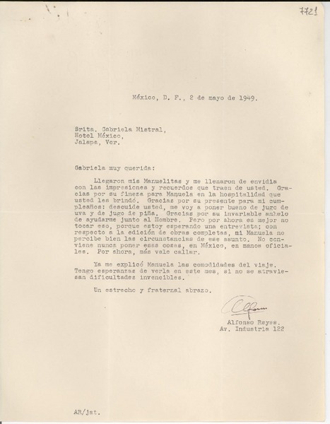 [Carta] 1949 mayo 2, México D. F. [a] Gabriela Mistral, Jalapa, Veracruz