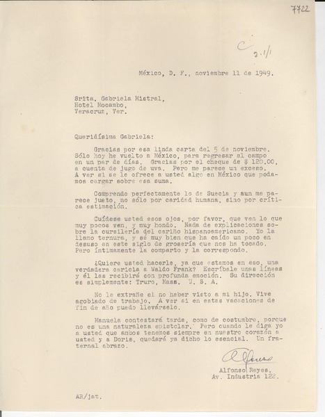 [Carta] 1949 nov. 11, México D. F. [a] Gabriela Mistral, Veracruz