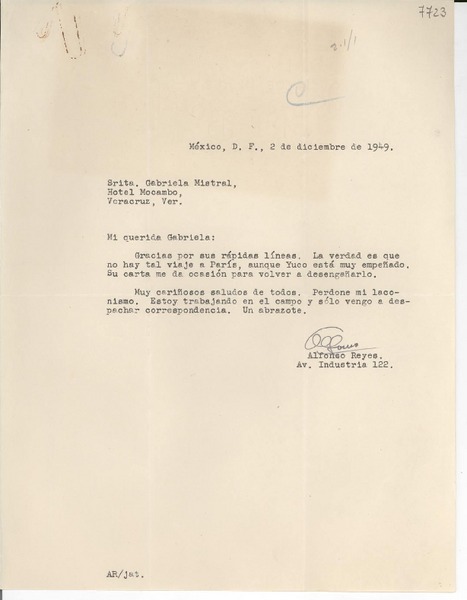 [Carta] 1949 dic. 2, México D. F. [a] Gabriela Mistral, Veracruz