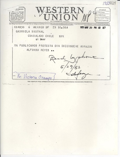 [Telegrama] 1953 mayo 29, México D. F. [a] Gabriela Mistral, New York