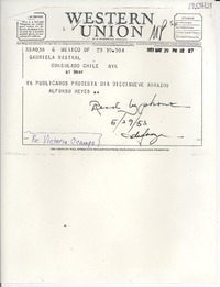 [Telegrama] 1953 mayo 29, México D. F. [a] Gabriela Mistral, New York