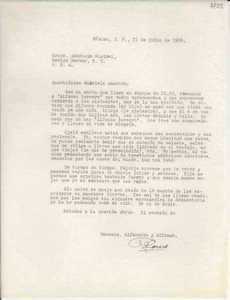 [Carta] 1954 jul. 21, México D. F. [a] Gabriela Mistral, Roslyn Harbor, N. Y., U.S.A.