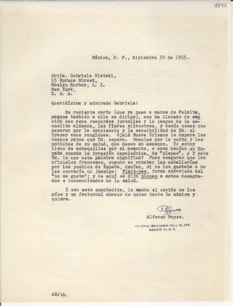[Carta] 1955 dic. 30, México D. F. [a] Gabriela Mistral, Roslyn Harbor, L. I., New York, EE.UU.
