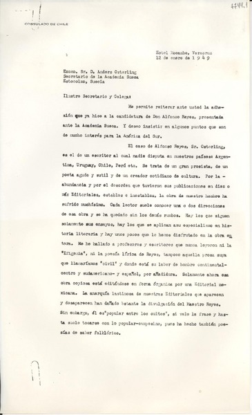 [Carta] 1949 ene. 12, Veracruz [a] Anders Osterling, Secretario de la Academia Sueca, Estocolmo, Suecia