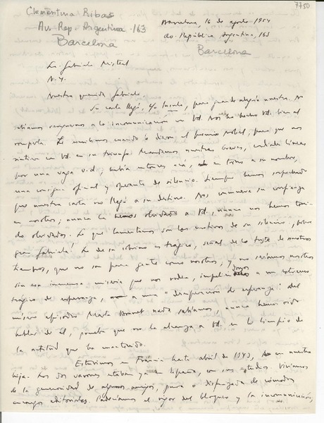 [Carta] 1954 ago. 16, [Barcelona] [a] Gabriela Mistral, [New York, EE.UU.]