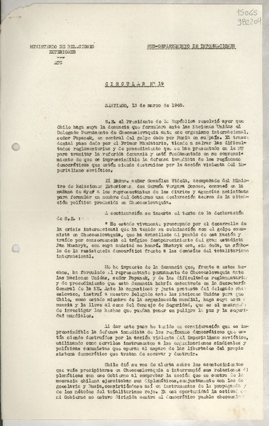 Circular N° 19, 1948 mar. 13, Santiago [a] los señores Jefes de Misión y Consules de Chile