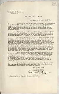 Circular N° 20, 1948 mar. 16, Santiago [a] los señores Jefes de Misión y Consules de Chile