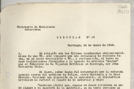 Circular N° 20, 1948 mar. 16, Santiago [a] los señores Jefes de Misión y Consules de Chile