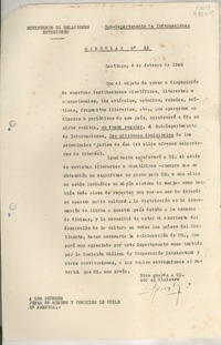 Circular N° 12, 1948 feb. 6, Santiago, [Chile] [a] Los Señores Jefes de Misión y Cónsules de Chile en América