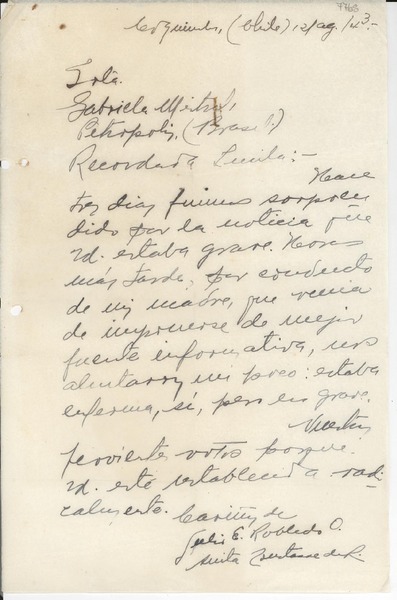 [Carta] 1943 ago. 21, Coquimbo, [Chile] [a] Gabriela Mistral, Petrópolis, Brasil