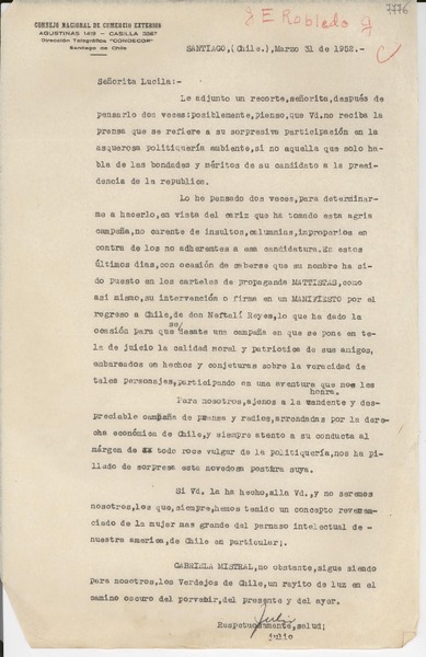 [Carta] 1952 mar. 31, Santiago, Chile [a] Lucila Godoy