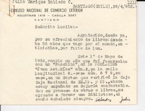 [Carta] 1952 abr. 29, Santiago, Chile [a] Lucila Godoy