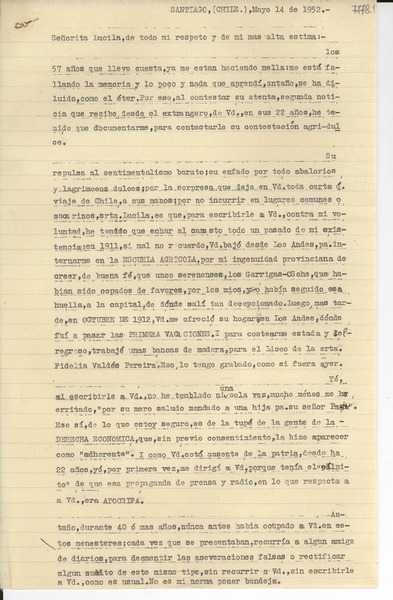[Carta] 1952 mayo 14, Santiago, Chile [a] Lucila Godoy