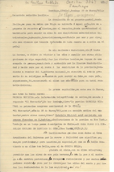 [Carta] 1953 mar. 29, Santiago, Chile [a] Lucila Godoy