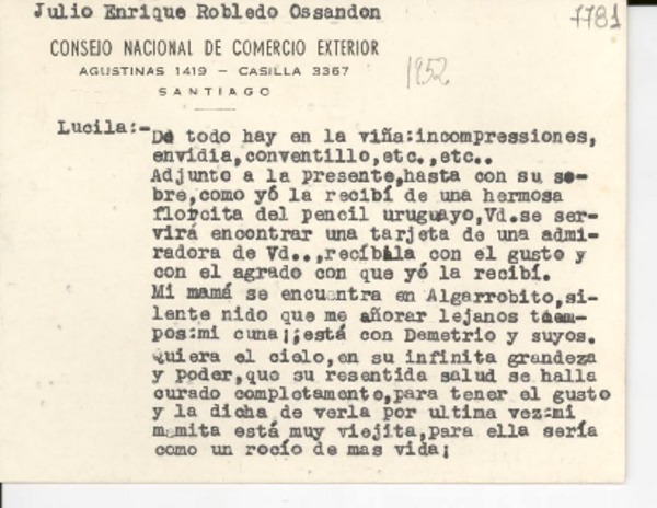 [Carta] [1952, Santiago, Chile] [a] Lucila Godoy Alcayaga